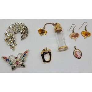 Vtg Jewelry Lot Potion Bottle Pendant & Earrings Butterfly Apple Leaf Pin Brooch